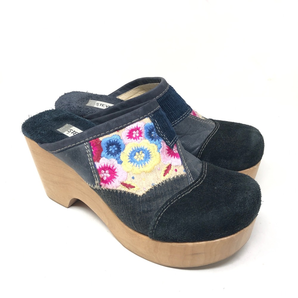 Vintage Steve Madden Womens 8 Wooden Clog Mules Navy Patchwork Floral Wood Wedge